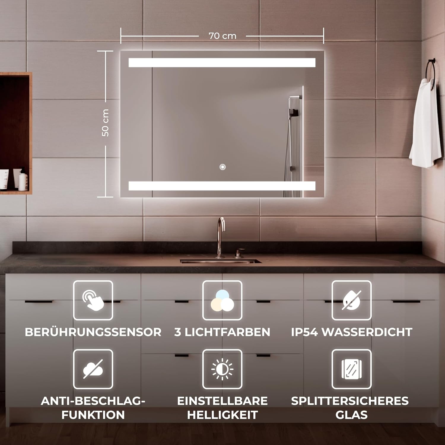 BR Bringer LED Badspiegel - 70x50 cm - Badezimmerspiegel mit Beleuchtung und Anti-Beschlag Funktion - Dimmbar, Energiesparend, 3 Lichtfarben, Touch-Schalter und Speicherfunktion (Modell: BRS106)