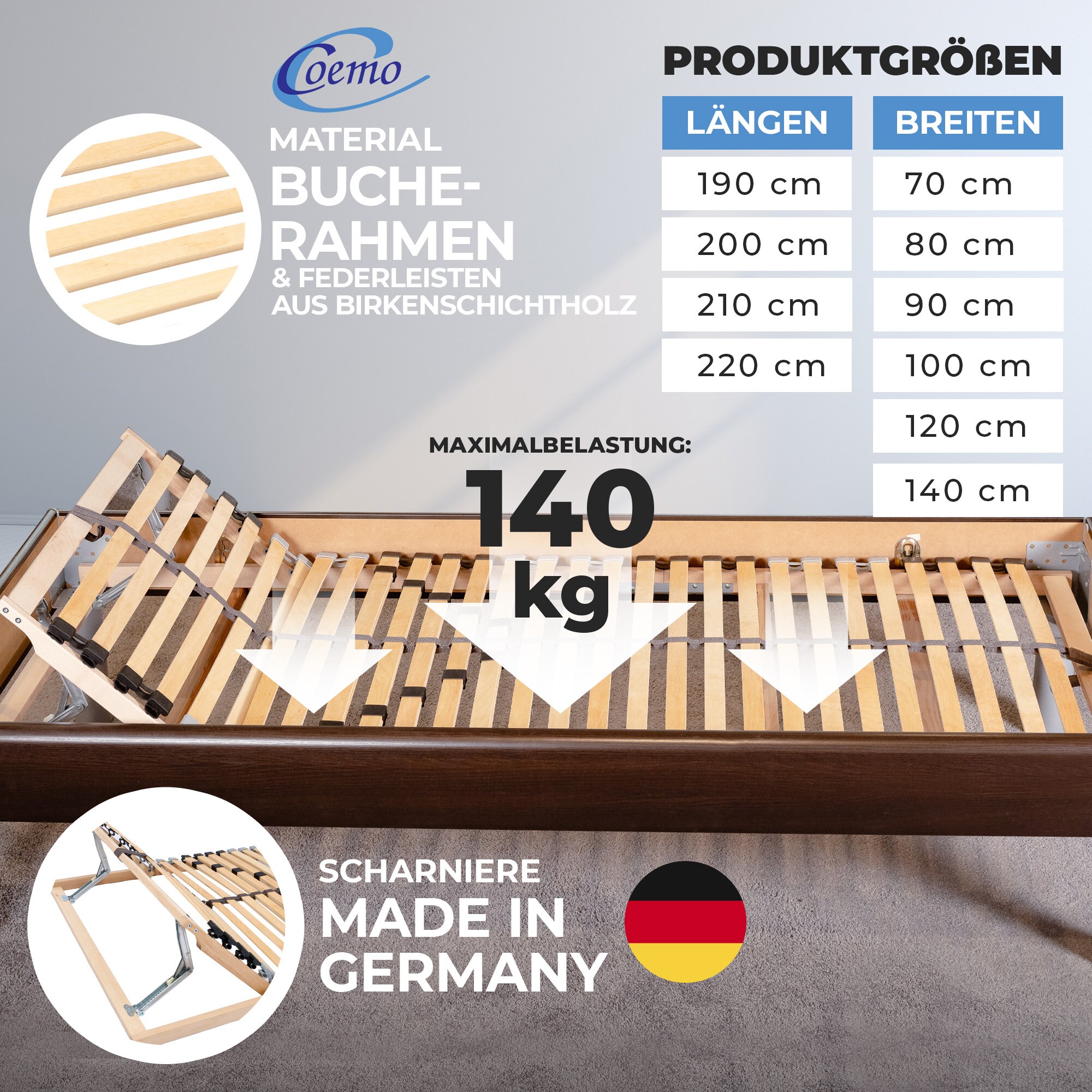 Coemo 7-Zonen Lattenrost ERGO K 100x210 verstellbar Kopfteil Härtegrad verstellbar 30 Leisten