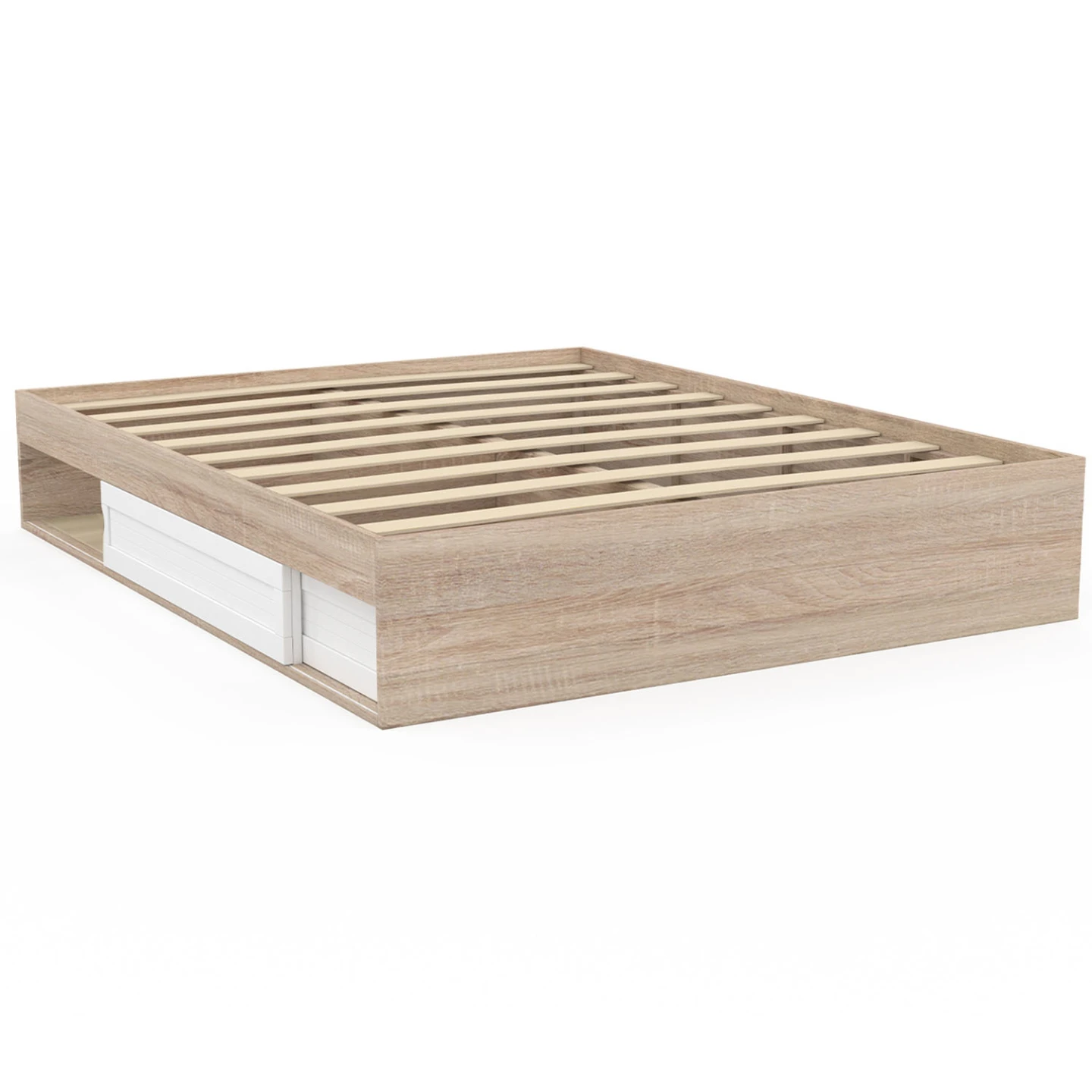 Cadre de lit double SALEM avec rangements et sommier 160 x 200 cm façon hêtre et blanc