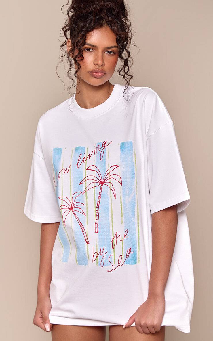 Blanc T-shirt Oversize En Coton Épais Avec Motif Palmier