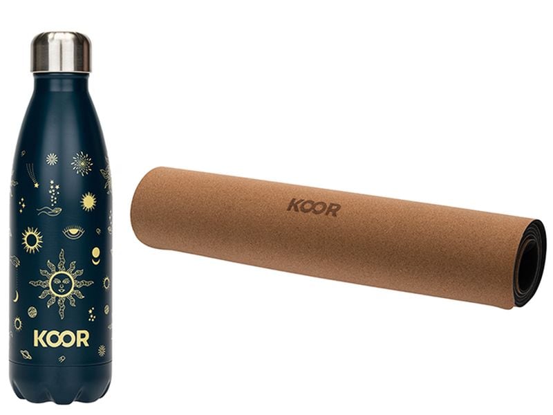KOOR Yogamatte Kork Pro und Trinkflasche 500 ml Nachhaltige Trainingsmatte und Thermosflasche aus Edelstahl