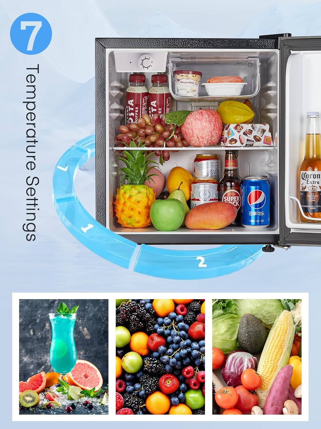 Mini Kühlschrank E 46L mit Eisfach, Kühlschrank Klein 42 dB, Wechselbarer Türanschlag, Energiesparend, Temperaturregelung, Ideal für Küche, Büro, Schlafzimmer, Hotels und kleine Wohnungen (Schwarz)