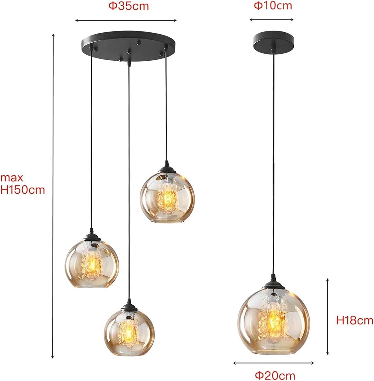 H.W.S Glas Pendelleuchte Kristall Pendellampe Modern Kugel Kronleuchter Design Kreative Hängeleuchte Höhenverstellbar Innen Dekoration Hängelampe Wohnzimmer Leuchte (Amber, 3 flamming round)