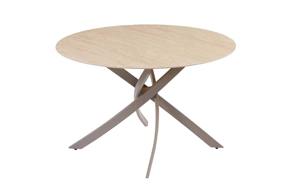Runder Esstisch ALPINE 120cm natur Travertin Keramik champagner greige Metall