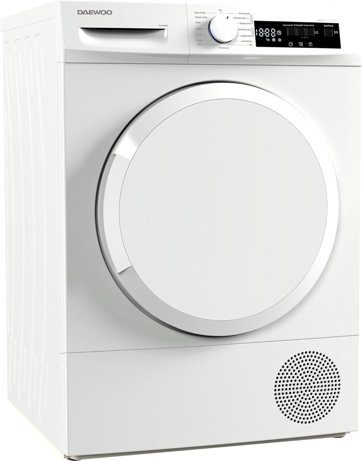 Daewoo T8HT1WA3DE Wärmepumpentrockner, C, 8 kg, Programmknebel und SoftTouch-Bedienung mit LED-Display, 15 Programme, Trommelinnenbeleuchtung, Weiß