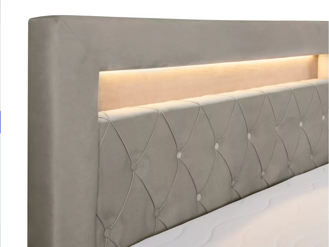 Ensemble complet literie déco tête de lit avec led + sommiers coffre + matelas + surmatelas - 160 x 200 cm - Velours - Taupe - ORANA de YSMÉE