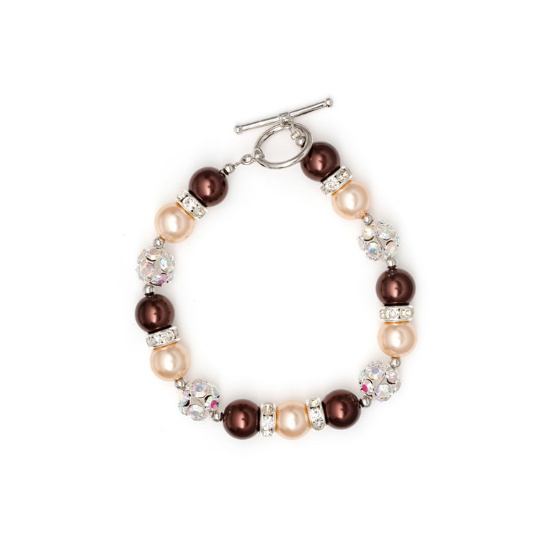 Bracelet 1 Rang en Perles Marron, Cristal et Plaqué Rhodium