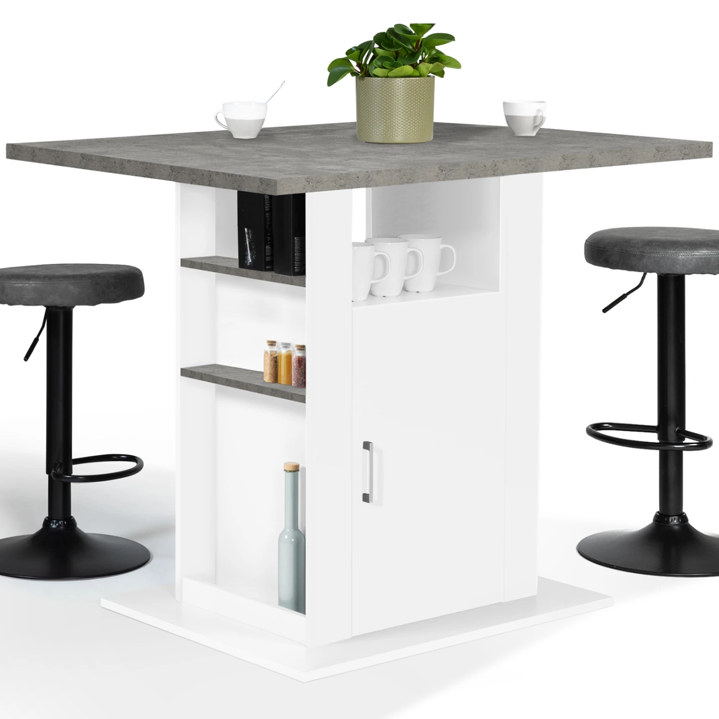 Ilot central UGO 110 cm plateau effet béton et blanc avec rangements