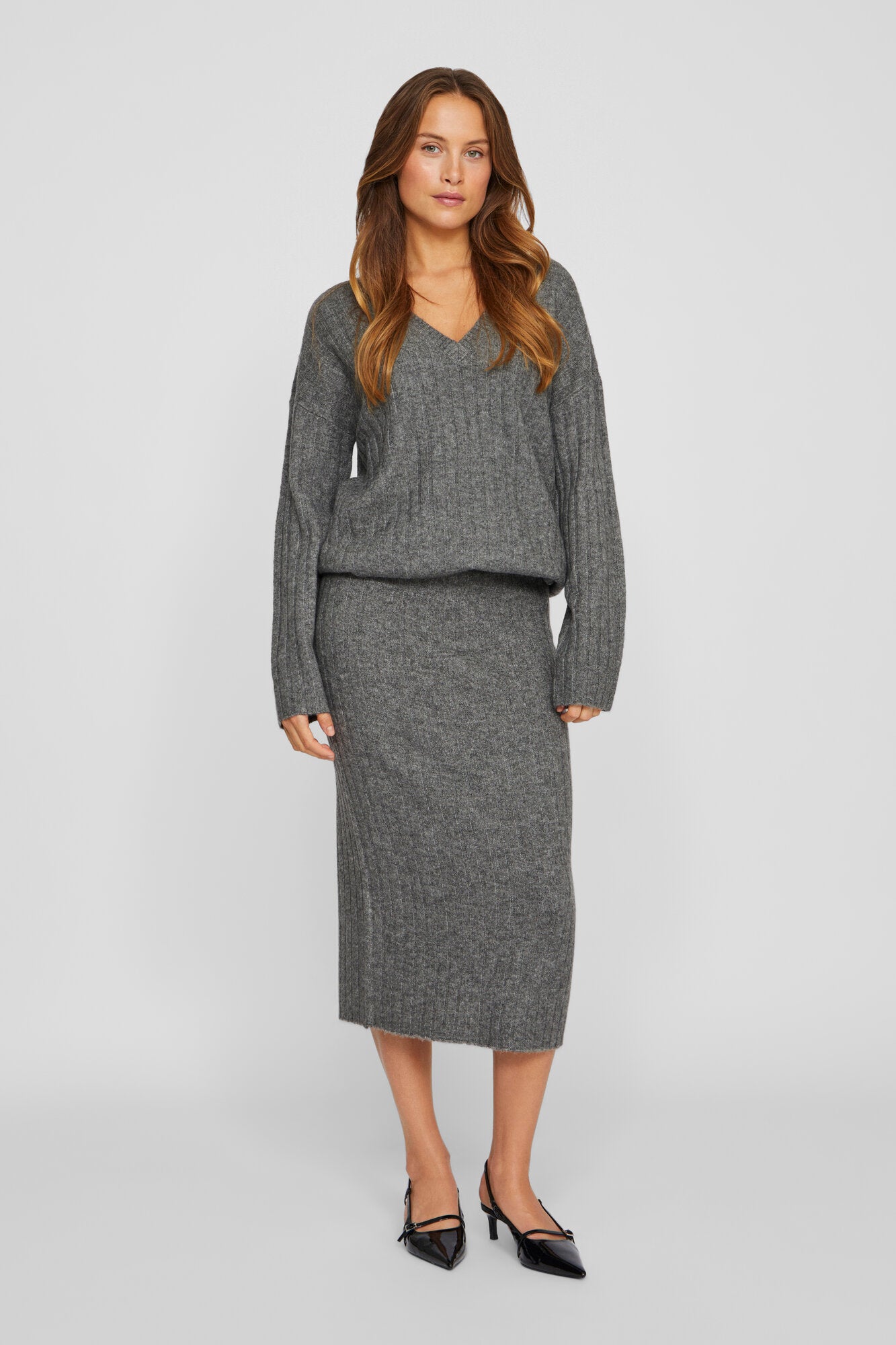 Vila  Vimiraz ribstrikket midi nederdel - Medium Grey Melange