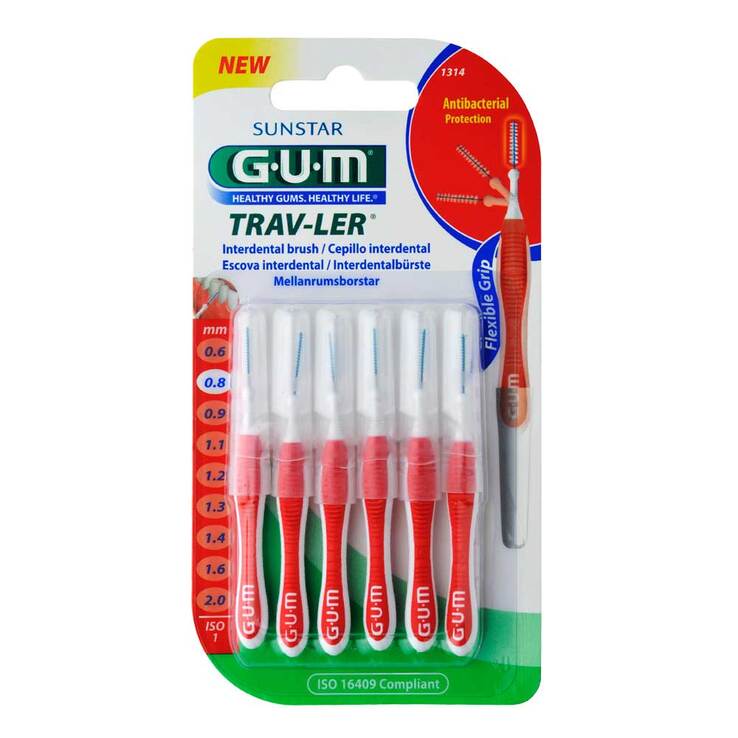 GUM Trav-Ler 0,8mm Kerze rot Interdental + 6Kappen, 6 St