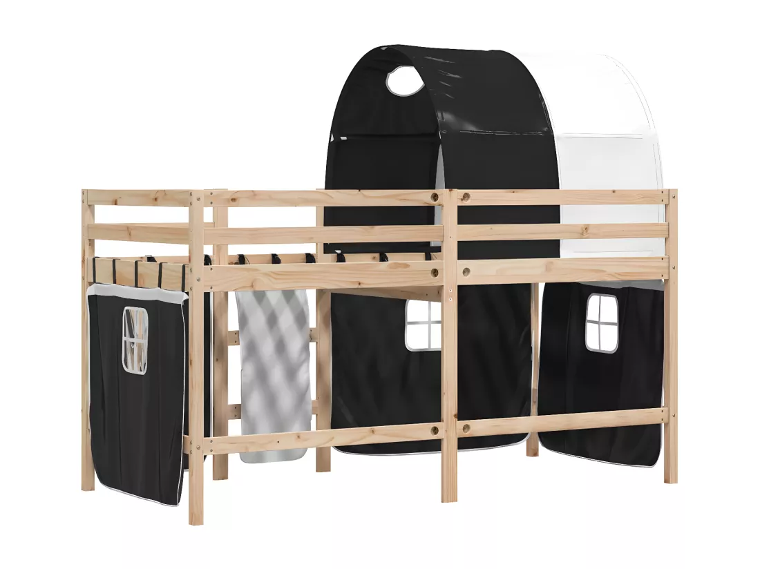 Lit mezzanine enfants et tunnel blanc/noir 90x200 cm pin massif