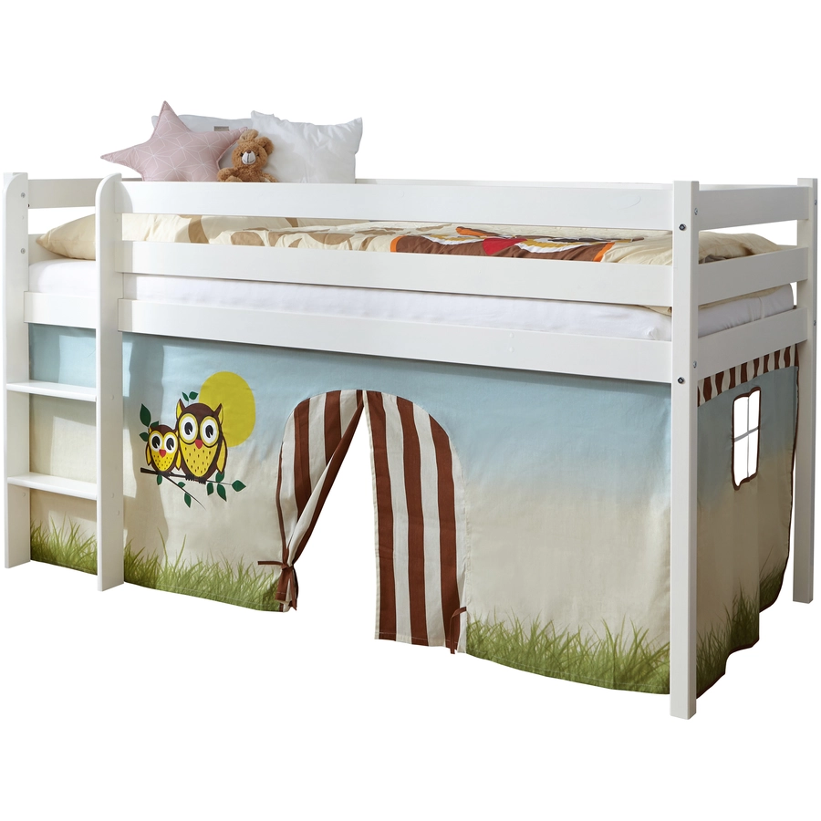 TICAA Hochbett Kiefer Weiß Vorhang Eule Weiß