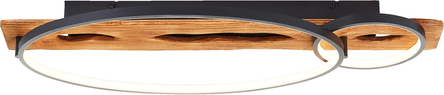 Lightbox moderne LED Deckenlampe im Nature Stil - Deckenleuchte mit 3 Stufen Dimmer & 2 LED-Ringe am Holz Balken - 70 x 30 cm - 3300 lm, 3000 K - aus Kiefernholz/Metall in Schwarz/Hell-Braun