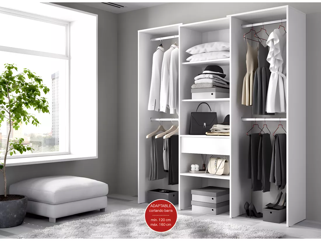 Armoire dressing en bois mélaminé avec 1 colonne et penderies coloris blanc - Longueur 160 x Profondeur 50 x Hauteur 187 cm