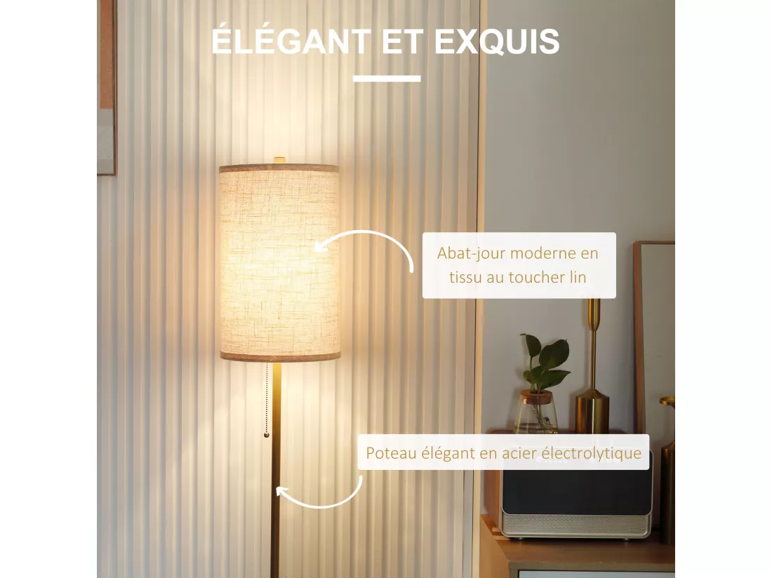 Lampadaire design néo-rétro 40 W max. piètement mât acier doré abat-jour lin crème