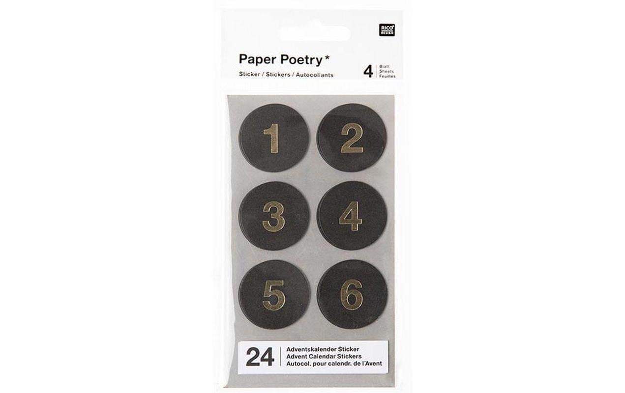 Adventskalender-Zahlen Sticker Schwarz, 4 BlattAdventskalender Sticker schwarz gold