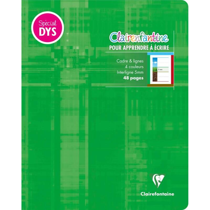 Cahier d'écriture piqué spécial Dys 17x22 cm 48 pages cadre et lignes 4 couleurs Interligne 5 mm - Assortis