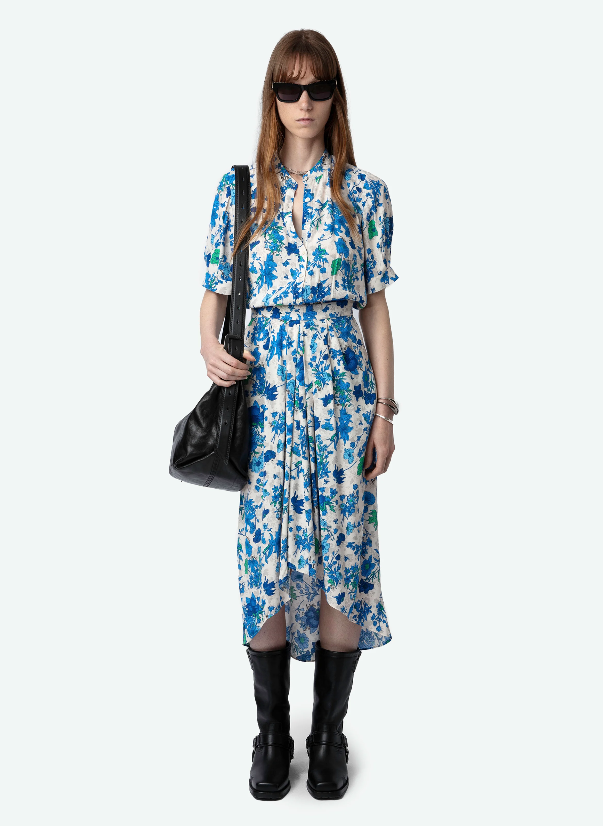 RIMA - Robe longue droite col rond imprimée | Blanc