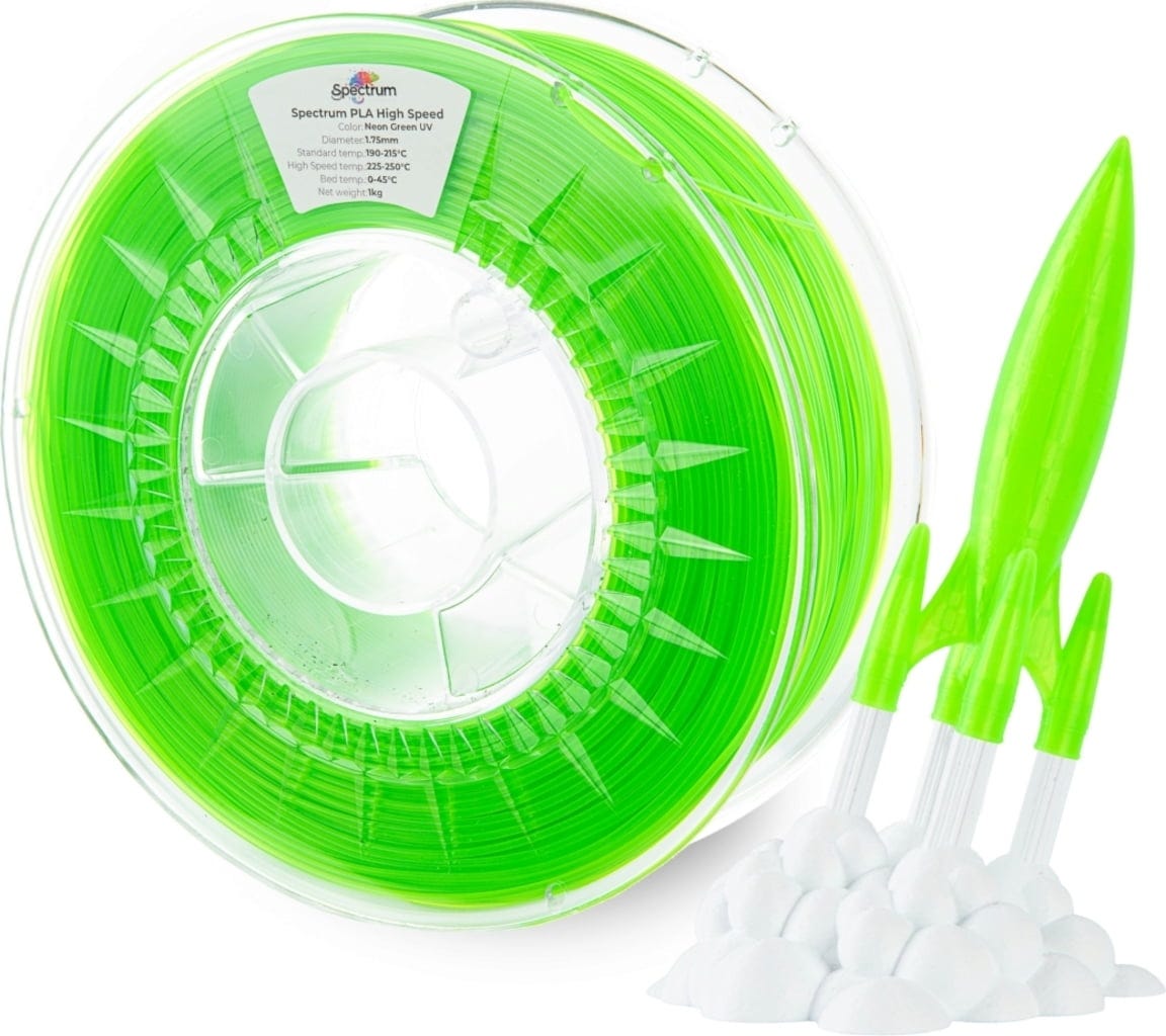 Spectrum  Premium PLA High Speed Neon Green UV, 1,75 mm / 1000 g    UV-reaktives PLA Material speziell für den Hochgeschwindigkeitsdruck