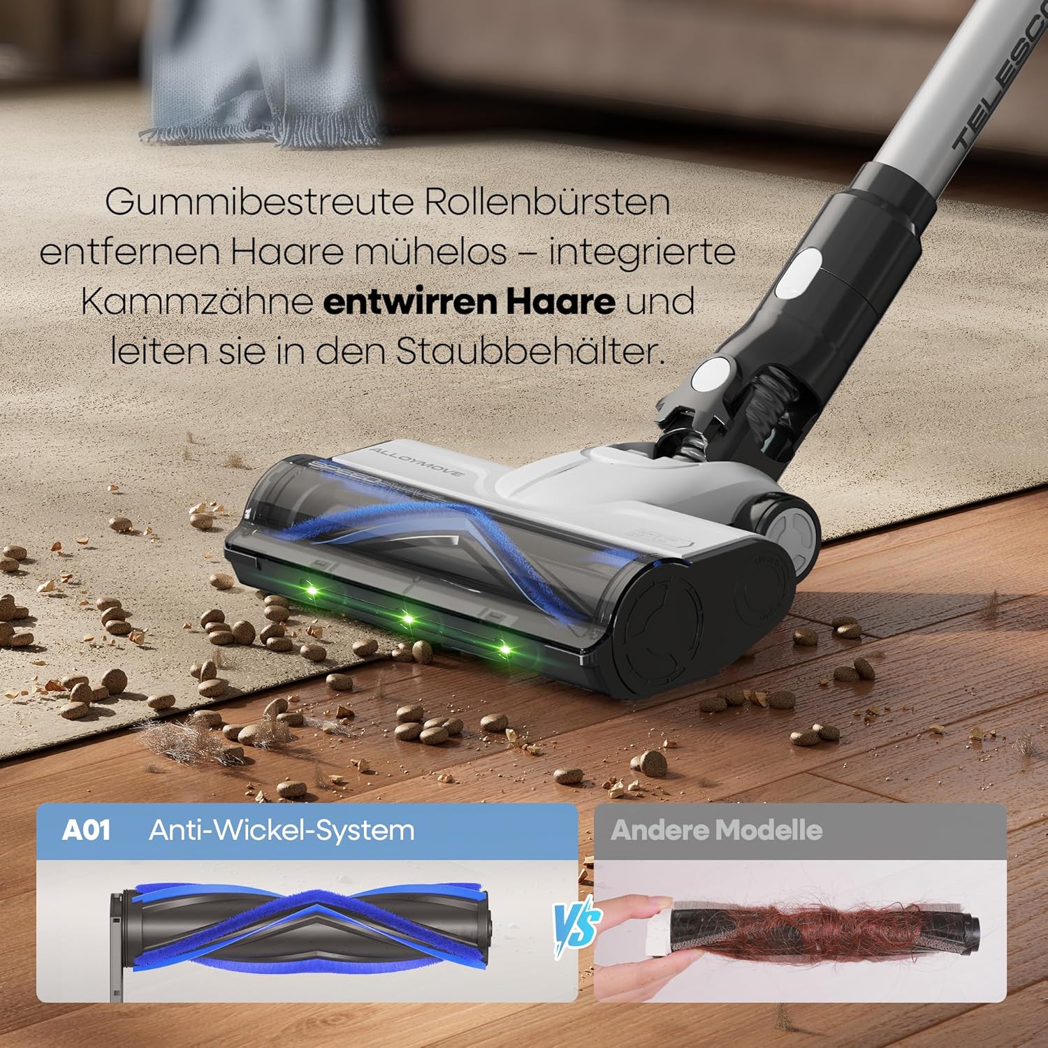 AlloyMove Akku Staubsauger 50000Pa/550W/70Min, 1.5L Staubsauger Kabellos mit Anti-Tangle-Bürste und Wandladestation, 7-Schicht-Filtersystem Super Leise für Tierhaare/Teppiche/Hartböden/Auto A01