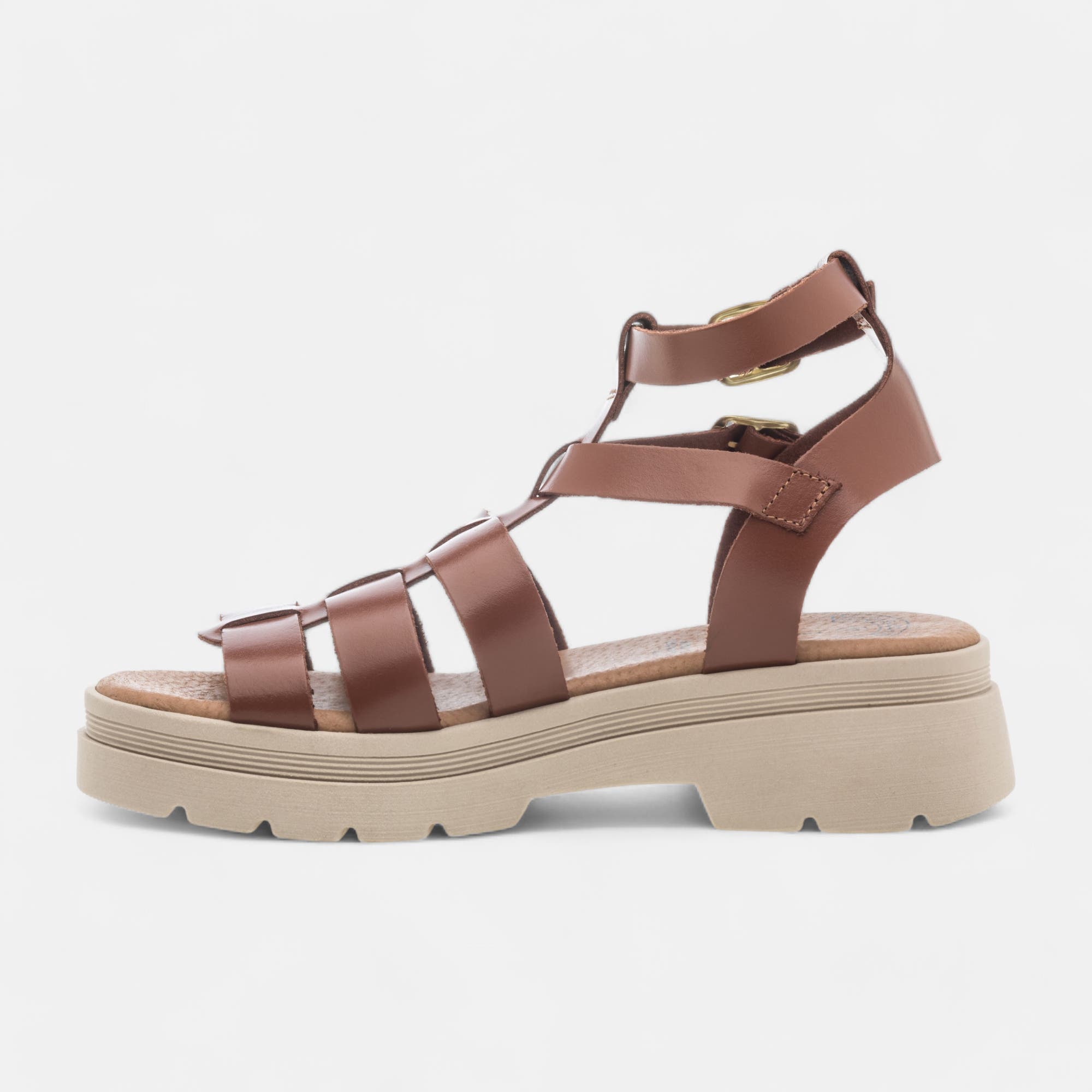 Sandales à talon compensé Femme en cuir cognac
