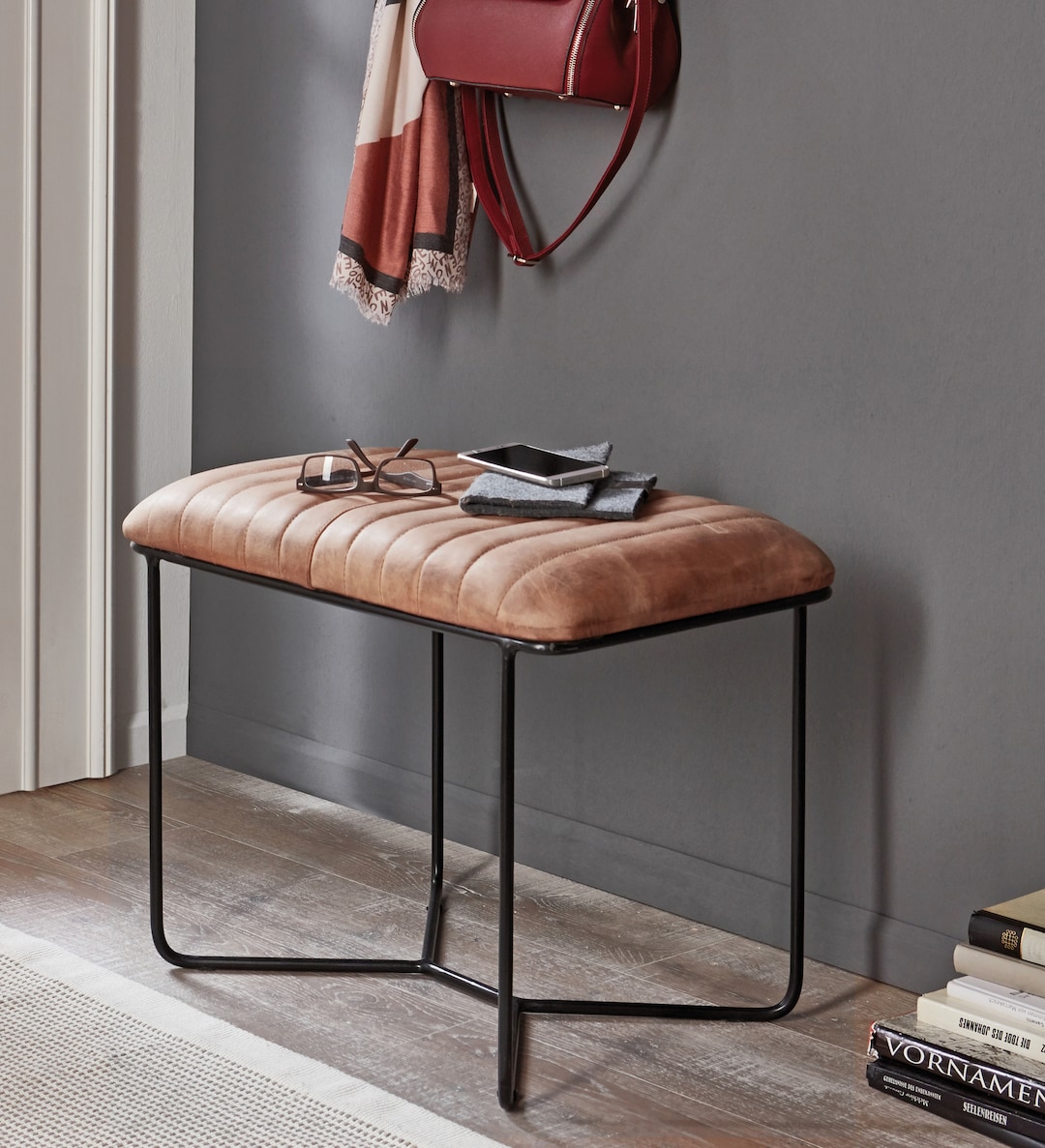 Hocker 60 x 48 cm Lederbezug braun/schwarz