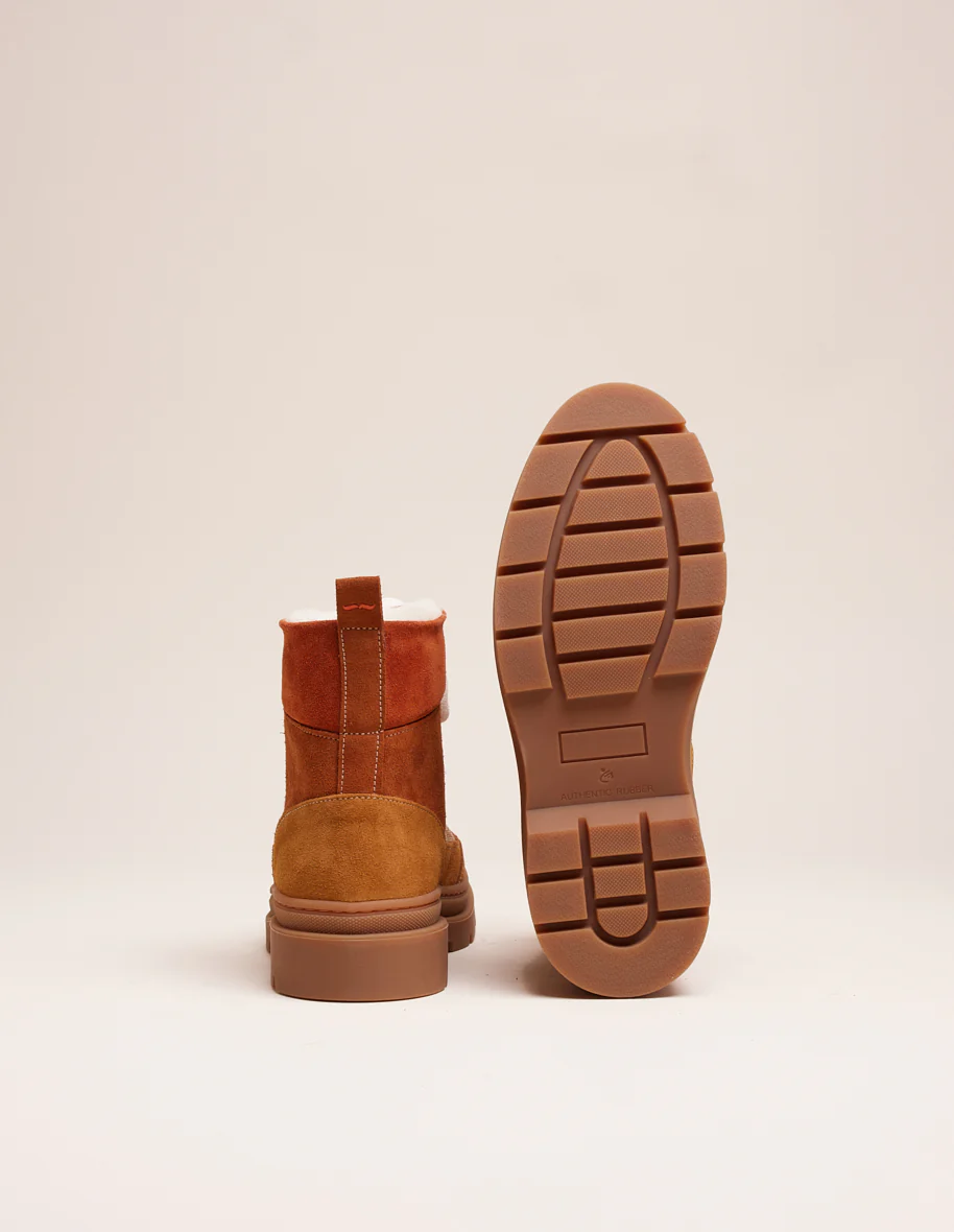 Bottines à lacets Joelle - Suède fourré et velours camel ambre