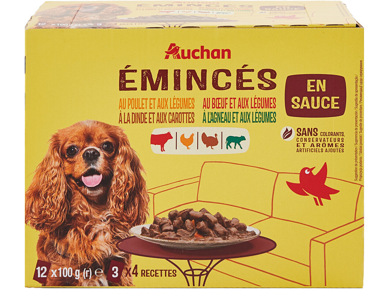 COMIDA HÚMIDA PARA CÃO AUCHAN SAQUETAS PEDAÇOS EM MOLHO CARNES 12X100G