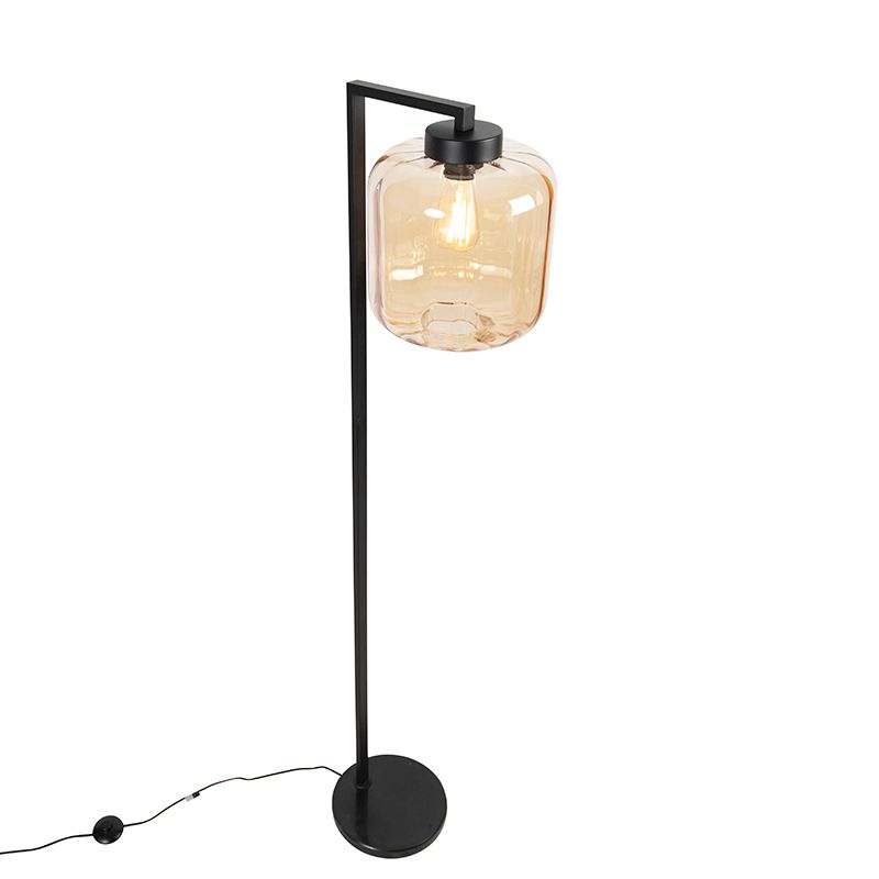 Design vloerlamp zwart met amber glas - Qara Down