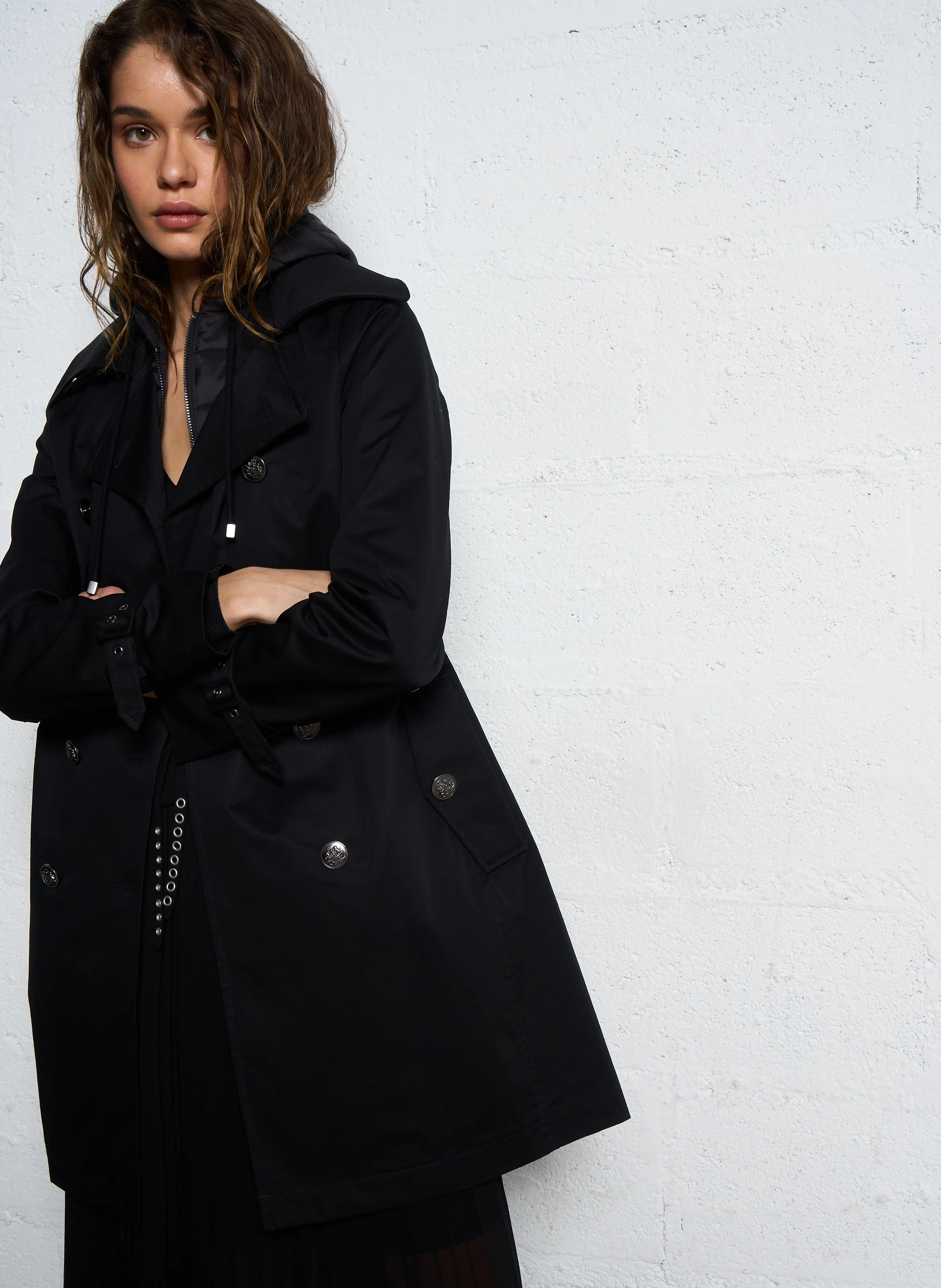 Trench col tailleur à capuche en coton | Noir