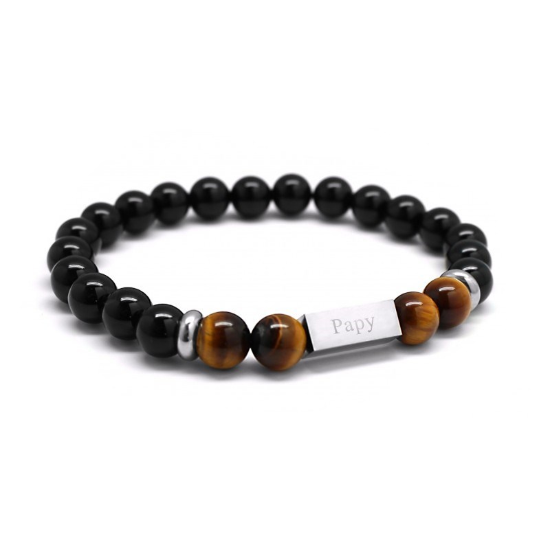 Bracelet perles oeil de tigre et agates noires homme - gravure PAPY