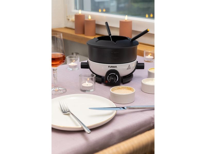 FURBER Fondue-Set Alpy 9 Teile, Schwarz/Weiss Für Fondue Chinoise, Käse- oder Schokoladenfondue