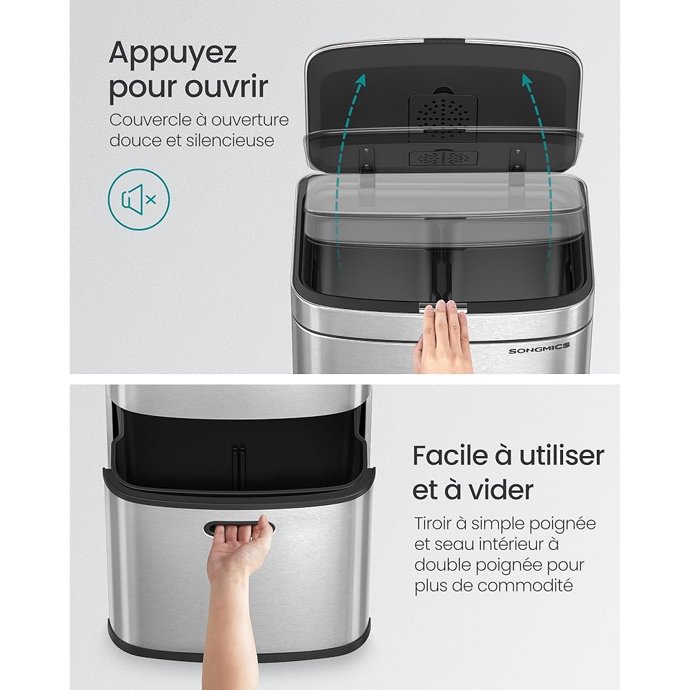 SONGMICS Poubelle de Cuisine, Poubelle à 3 Compartiments, 2 x 10 L et 30 L, Acier, Gain de place, Seaux intérieurs, Filtre à Charbon, 39,5 x 29,8 x 80,2 cm, Argent Métallique LTB551E50 : Cuisine et Maison