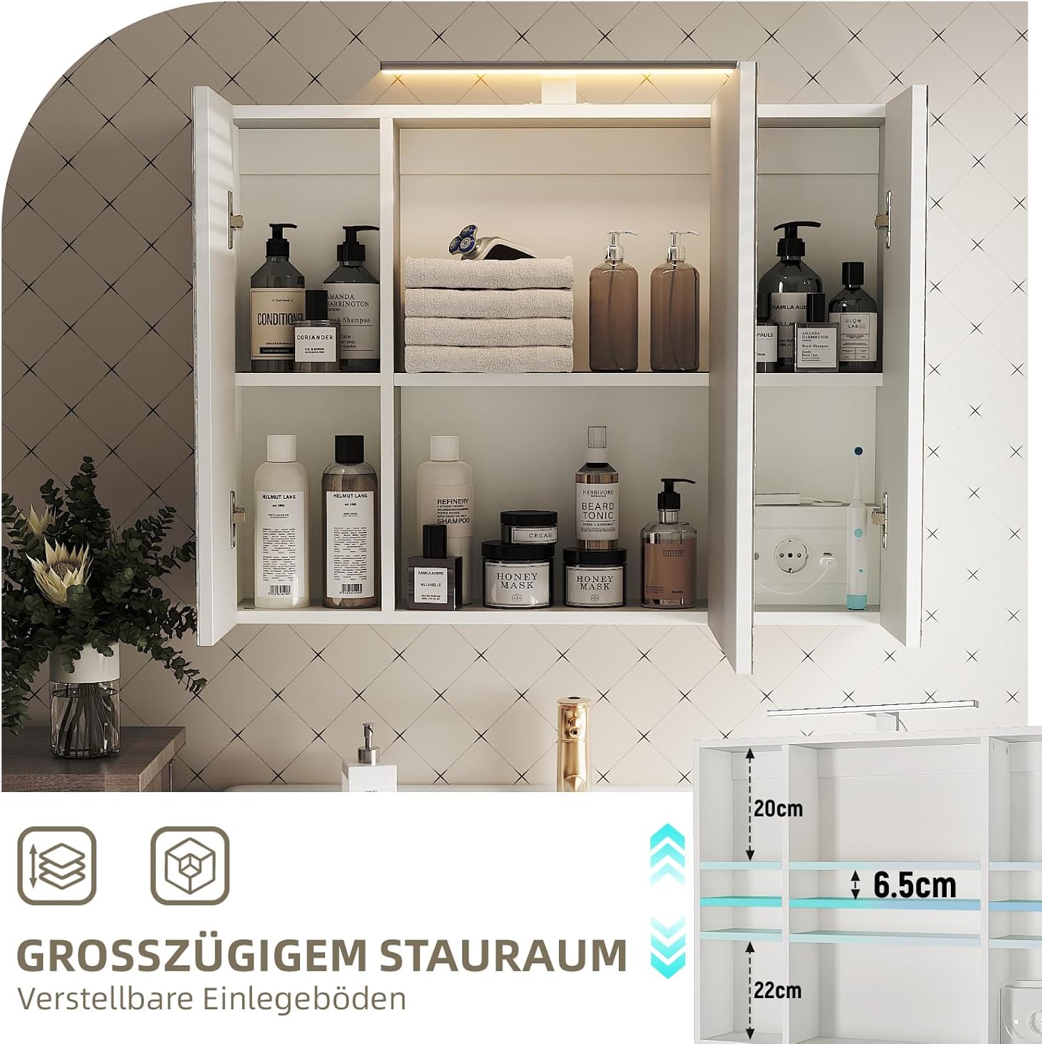 Spiegelschrank für Bad mit Beleuchtung 80x60 cm 3 Türen Badezimmerspiegel mit Steckdose höhenverstellbare Einlegeböden Wandspiegel mit Stauraum Badschrank mit Spiegel für Badezimmer (80x60cm)