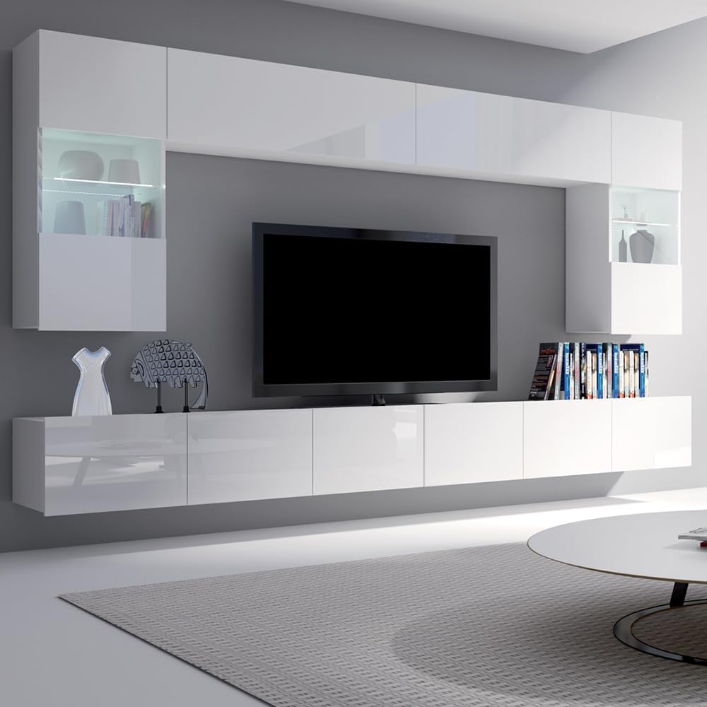 Lomadox Wohnwand Anbauwand weiß Hochglanz 6-teilig Modern, mit 2 TV-Lowboards, 2 Hängevitrinen mit Beleuchtung, 2 Hängeschränke