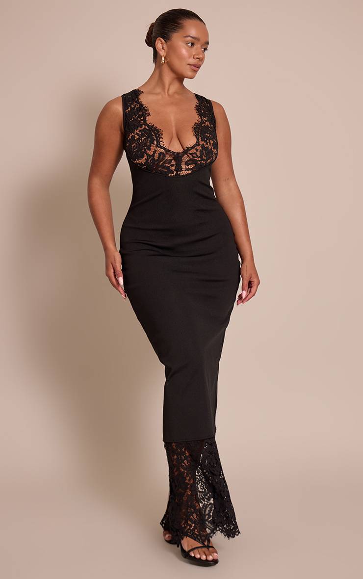 Noir Robe Maxi Bandage Moulante Avec Détails En Dentelle