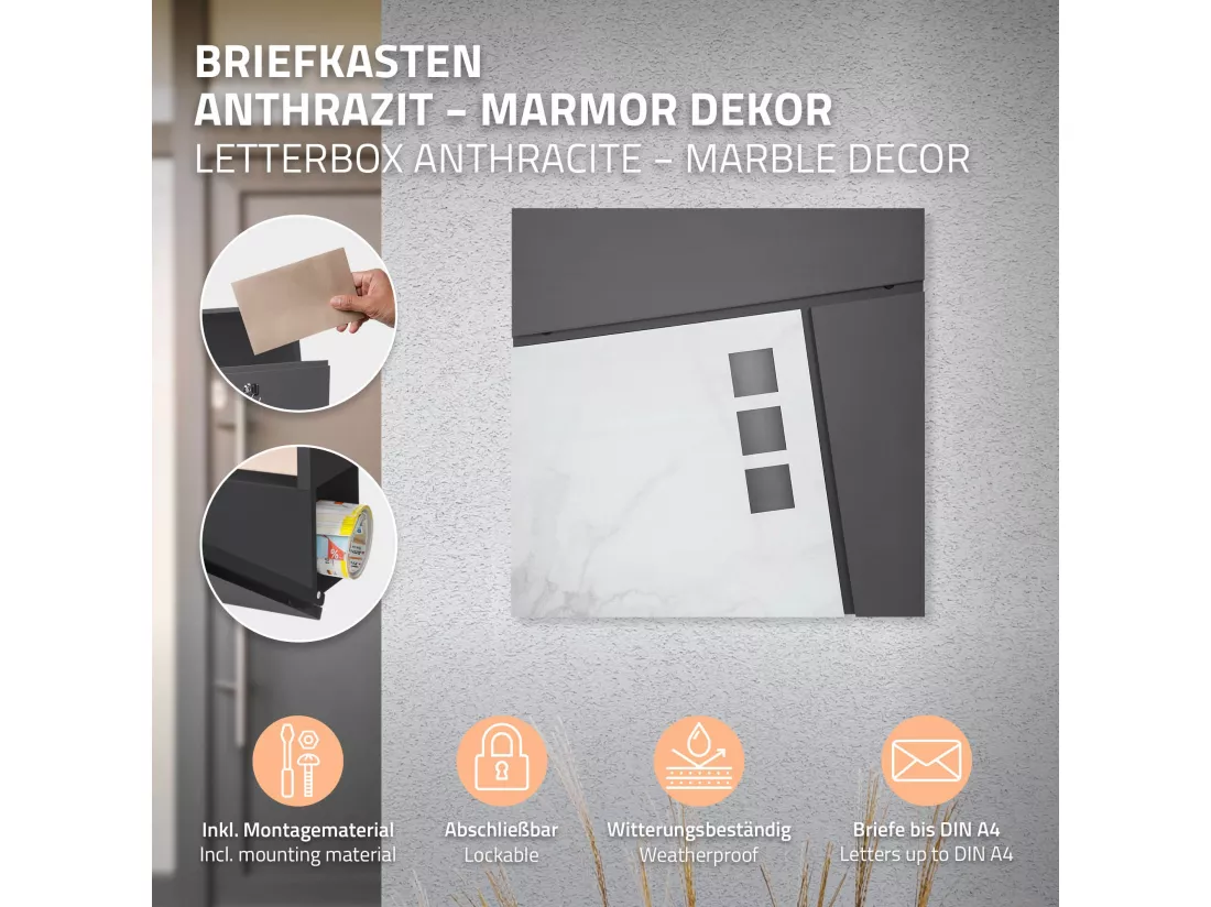 Boîte aux lettres anthracite/aspect marbre support argenté en acier inoxydable