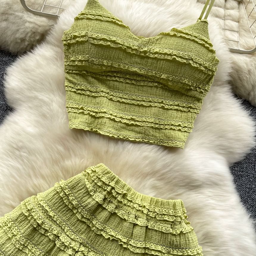 Lucuna - Set: Effen top met volant + A-lijn rok met elastische taille