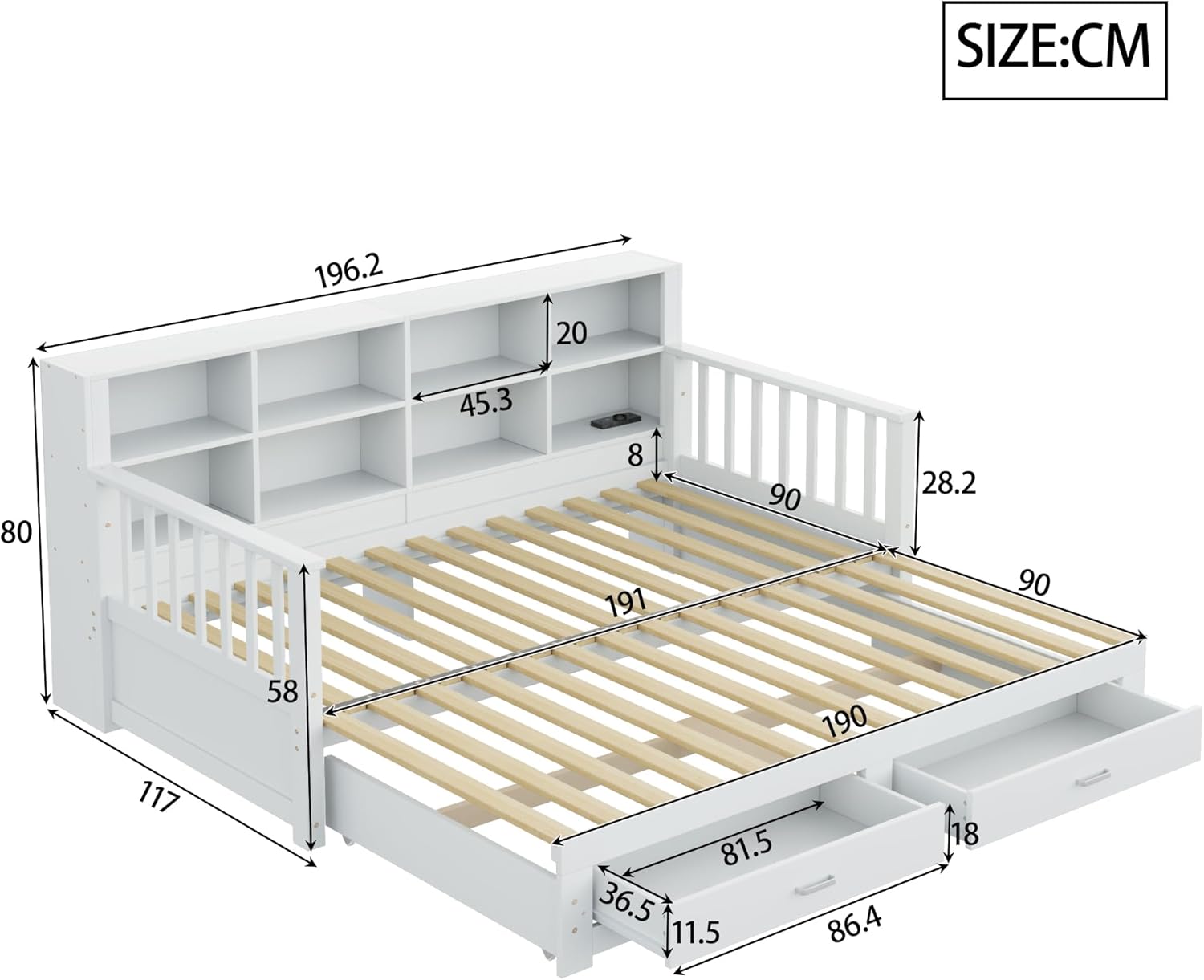 Ausziehbares Massivholz-Schlafsofa 90/180x190 cm, Kinderbett Tagesbett mit 2 Schubladen, Ladesteckdose und Stauschrank, Holzbett Daybett Jugendbett Funktionsbett mit Lattenrost, Ohne Matratze, Weiß