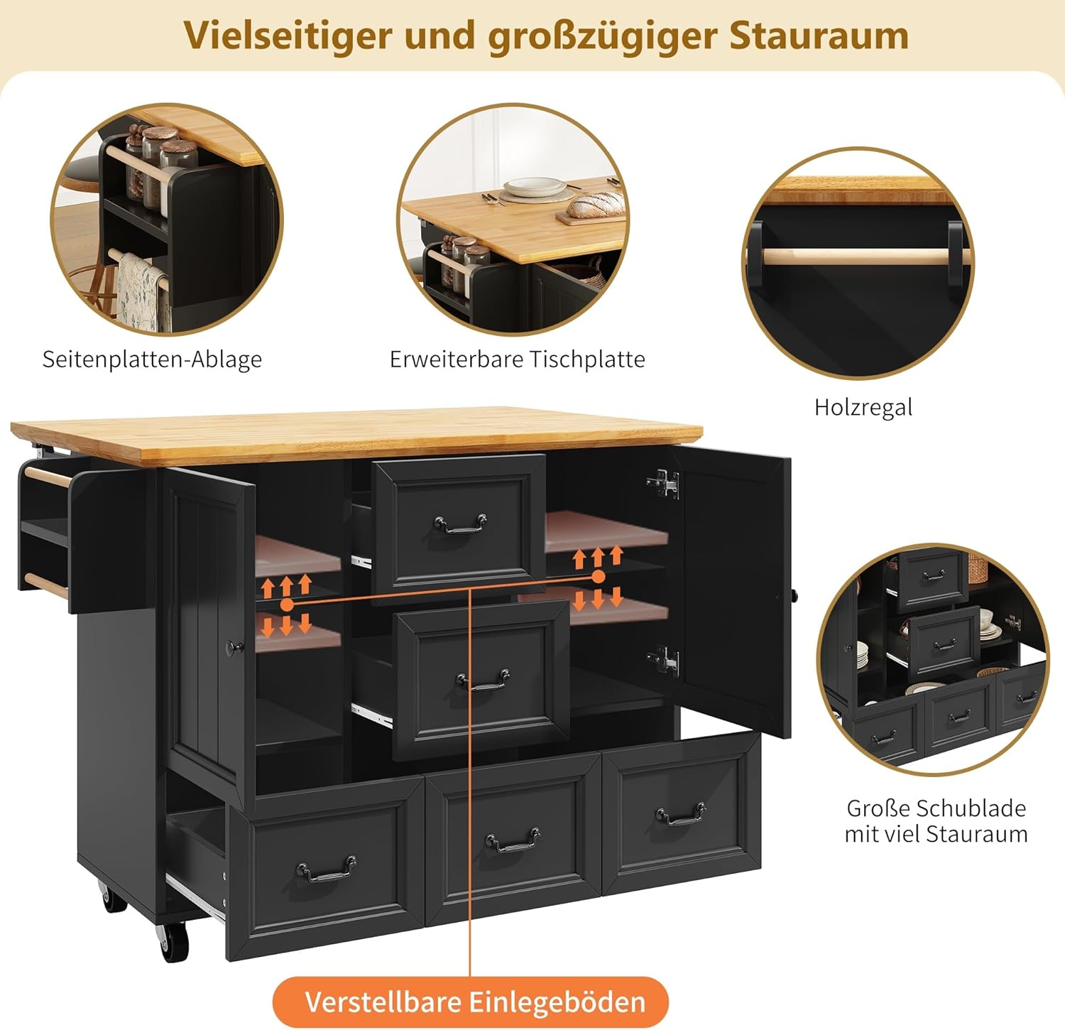 Kücheninsel, Schrank, Sideboard, Ausziehbarer Küchenwagen auf Rollen mit Handtuchhalter und Gewürzregal, verstellbare Einlegeböden, Schwarz