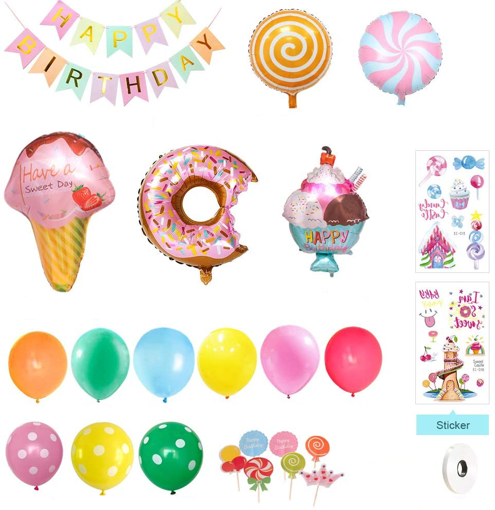 (90-tlg. Set) Happy Birthday Girlande Süssigkeiten Party Deko   Latex- und Folienballons / Kuchenstecker / Haut Sticker - Rosa / Grün