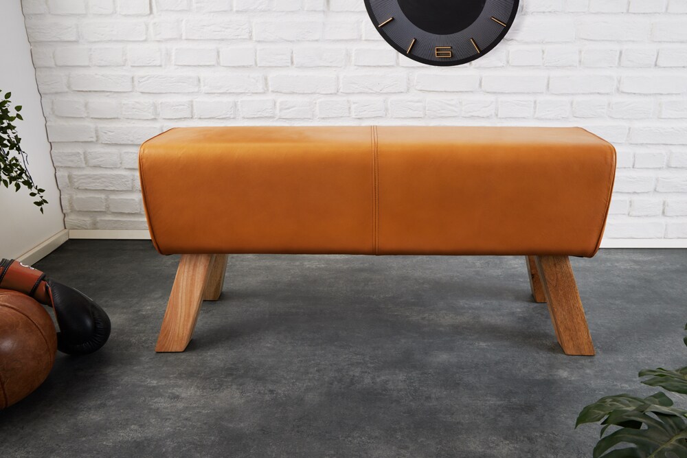 riess-ambiente Sitzbank TURNBOCK - 100cm cognac Echtleder Mangoholz Retro Sitzhocker