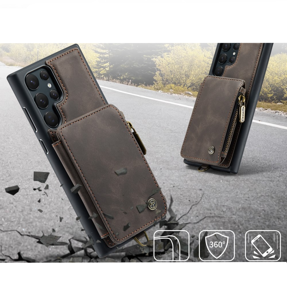 Samsung Galaxy S23 Ultra 5G Leder Schutzhülle mit Münzbeutel   3 Kartenfächern - Dunkelbraun