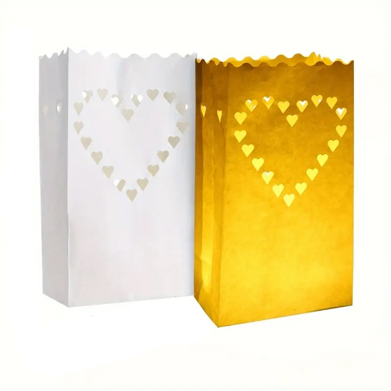 (26x15cm) Papier Tüte Kerzen Laterne Windlicht Herz Deko für Party / Geburtstag / Hochzeit - Weiss