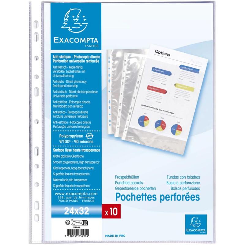 Sachet de 10 pochettes perforées polypropylène lisse haute qualité 9/100e - 24x32cm vertical - Cristal