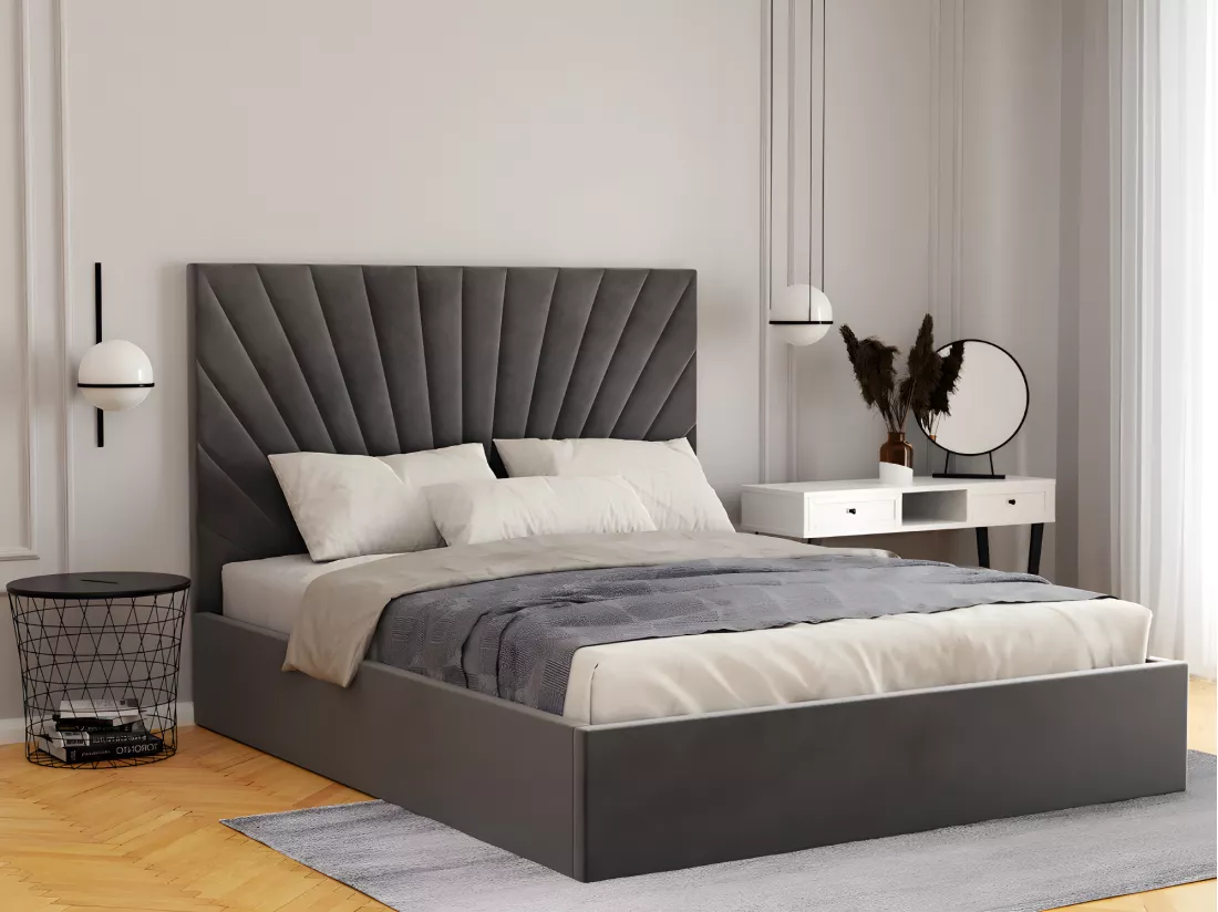 Lit coffre 160 x 200 cm - Velours - Gris anthracite + Matelas - RILIODA de Pascal Morabito