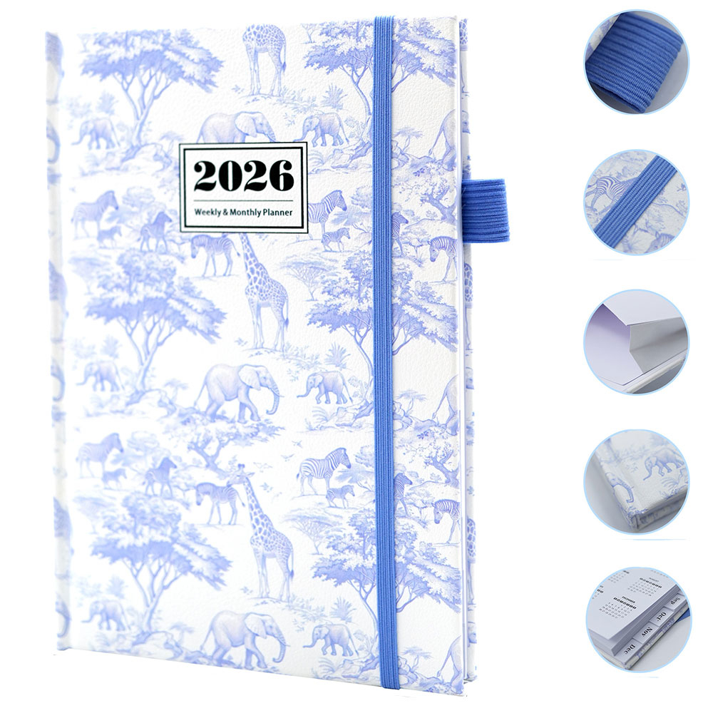 (1W/1S) 21x14cm Floral Hard Cover Wochen- und Monatsplaner Schüleragenda Zeitplanungssystem Wochenkalender 2026 inkl. Sticker - Blau