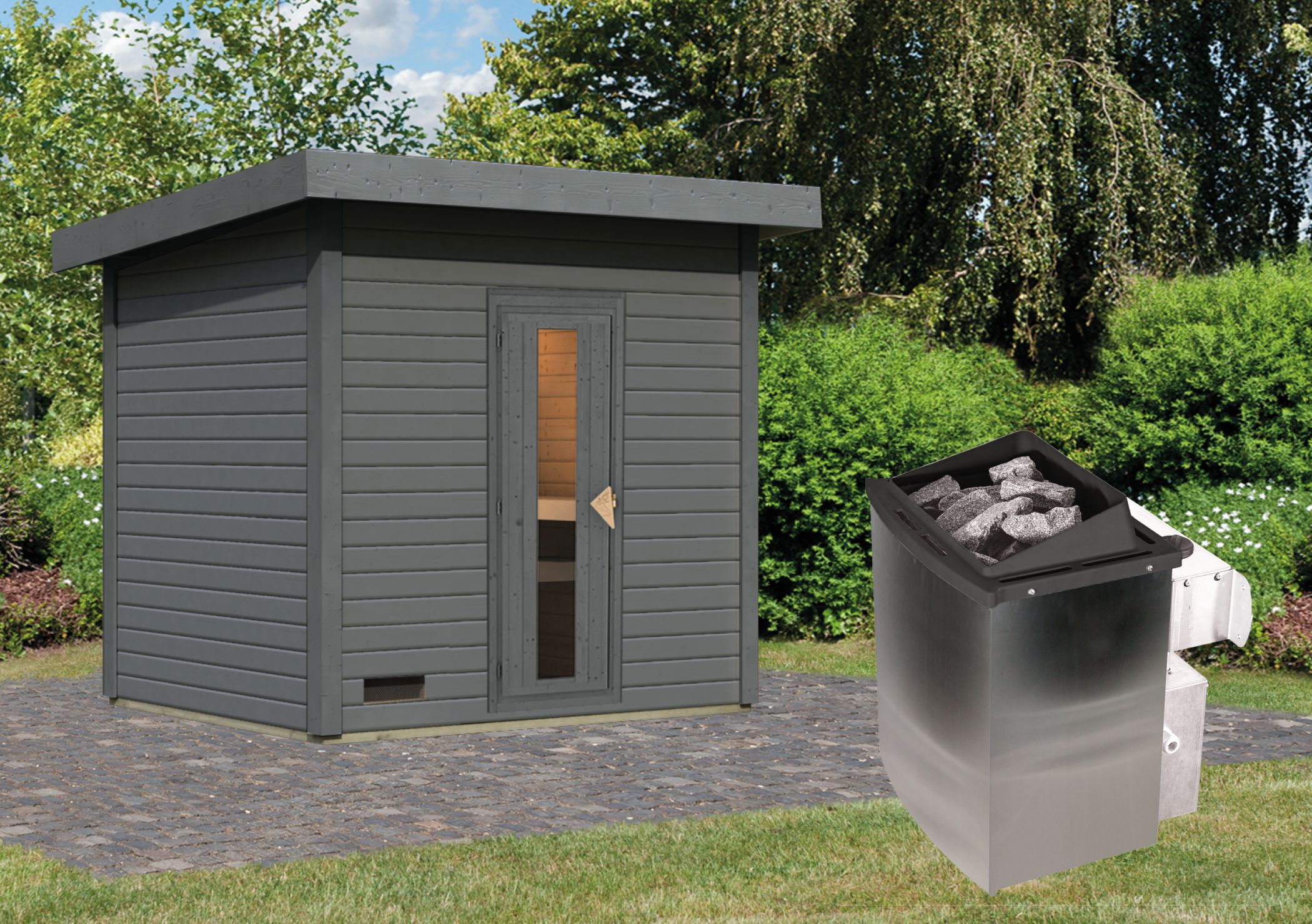 Karibu Saunahaus 38mm Melo 3 Ofen 9 kW integr. Strg terragrau