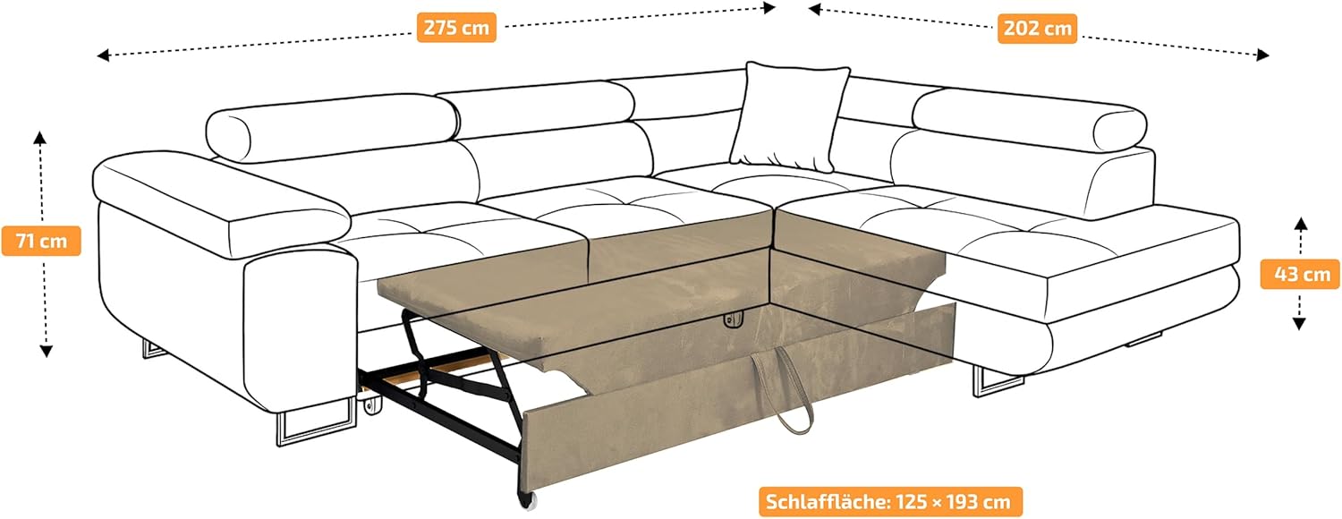 Ecksofa mit Schlaffunktion PASTI L-Form, Sofa Couch mit Bettkasten, 3-Sitzer Eckcouch, Schlafsofa für Wohnzimmer, Big Sofa Couch mit Schlaffunktion (Dunkelgrau, Ottomane Rechts)