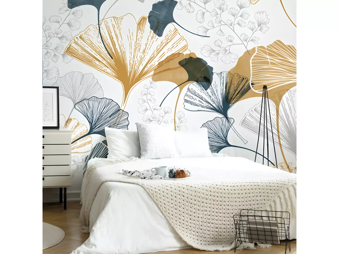 Papier Peint Panoramique L240xH270cm - Gingko Ocre et Bleu - Papier intissé 150gr/m2